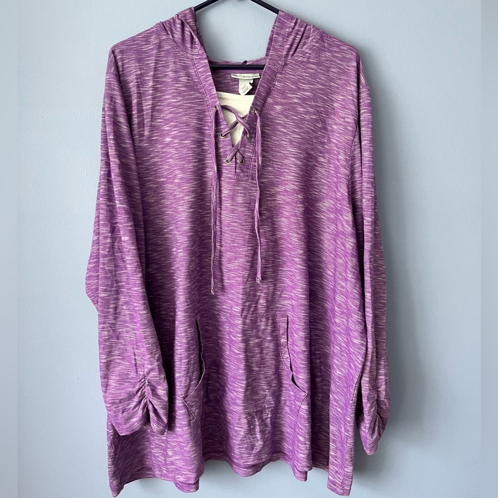 Catherines lightweight hoodie lace up shirt purple 26/28w ruched sleeves top